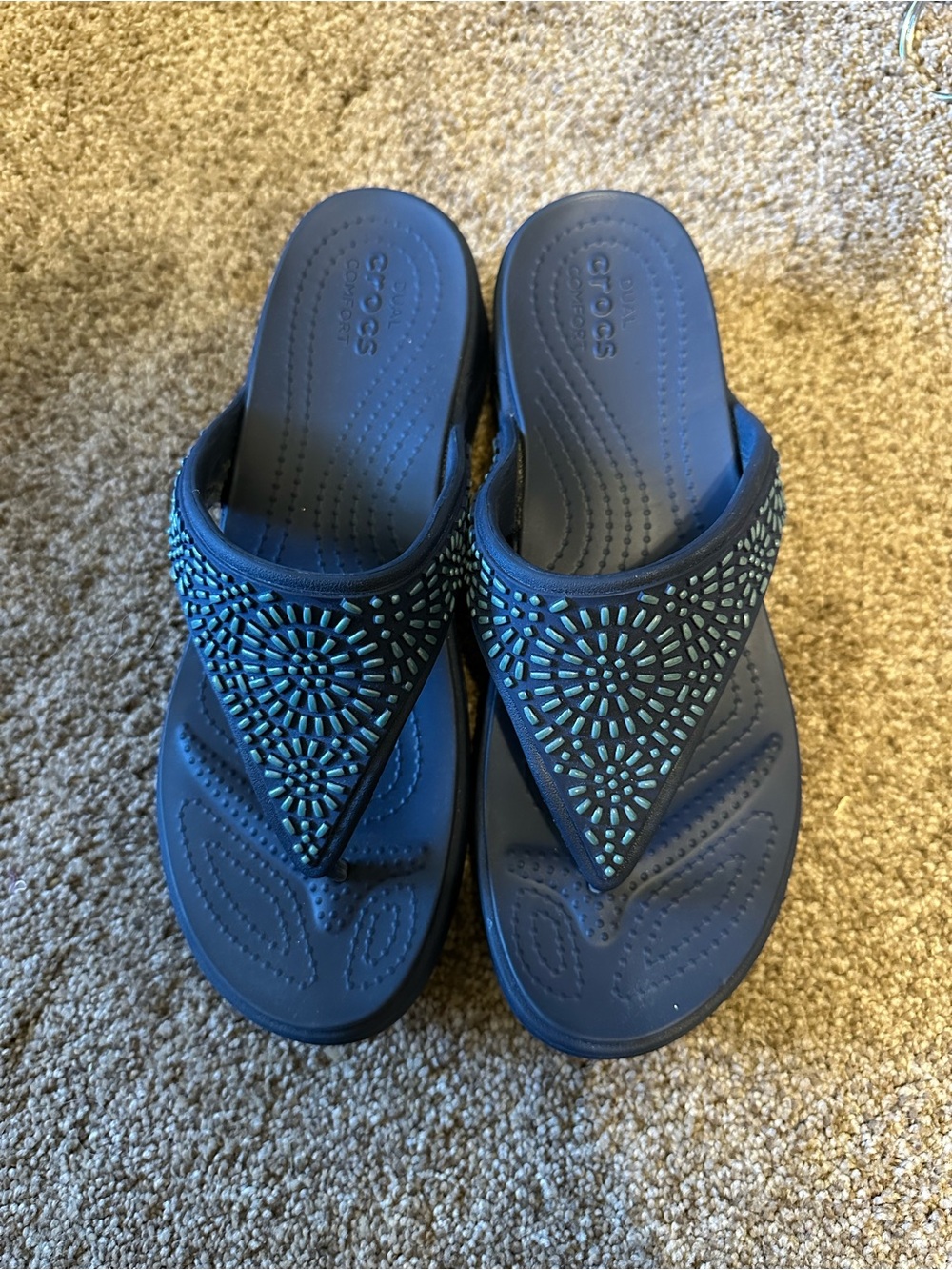 CROCS Navy Blue Wedge Beaded Thong Sandals